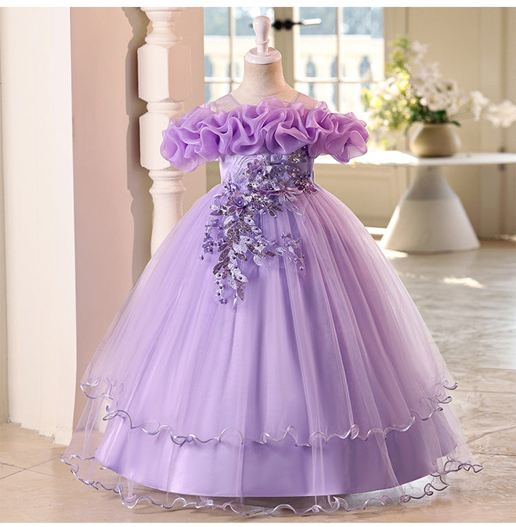 Children's one-shoulder tulle princess dress - perfect for weddings, banquets, piano recitals, and parties