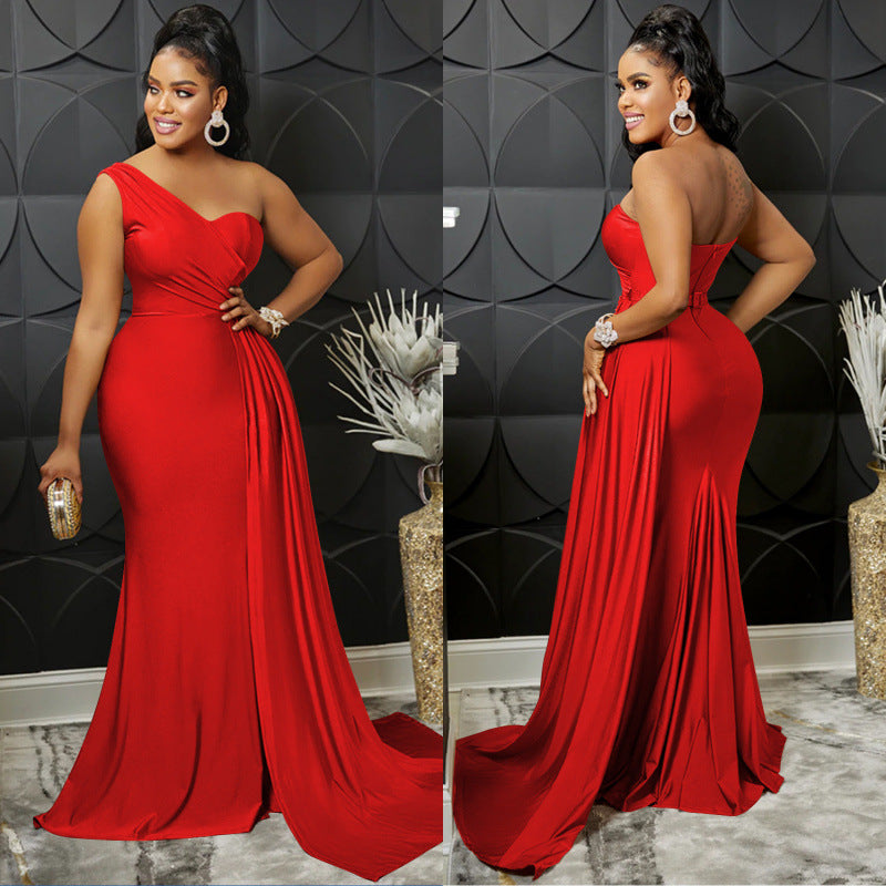 2026 new fashionable and elegant solid color party tight single rotator sleeve temperament dress long dress