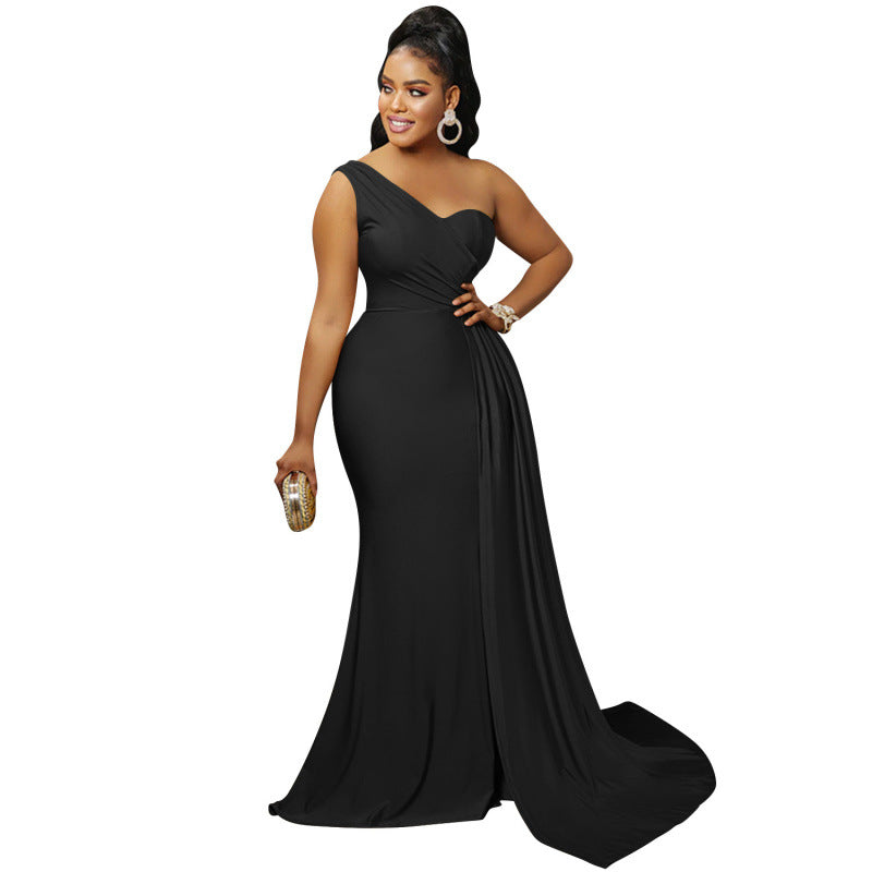 2026 new fashionable and elegant solid color party tight single rotator sleeve temperament dress long dress