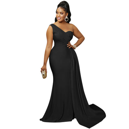 2026 new fashionable and elegant solid color party tight single rotator sleeve temperament dress long dress