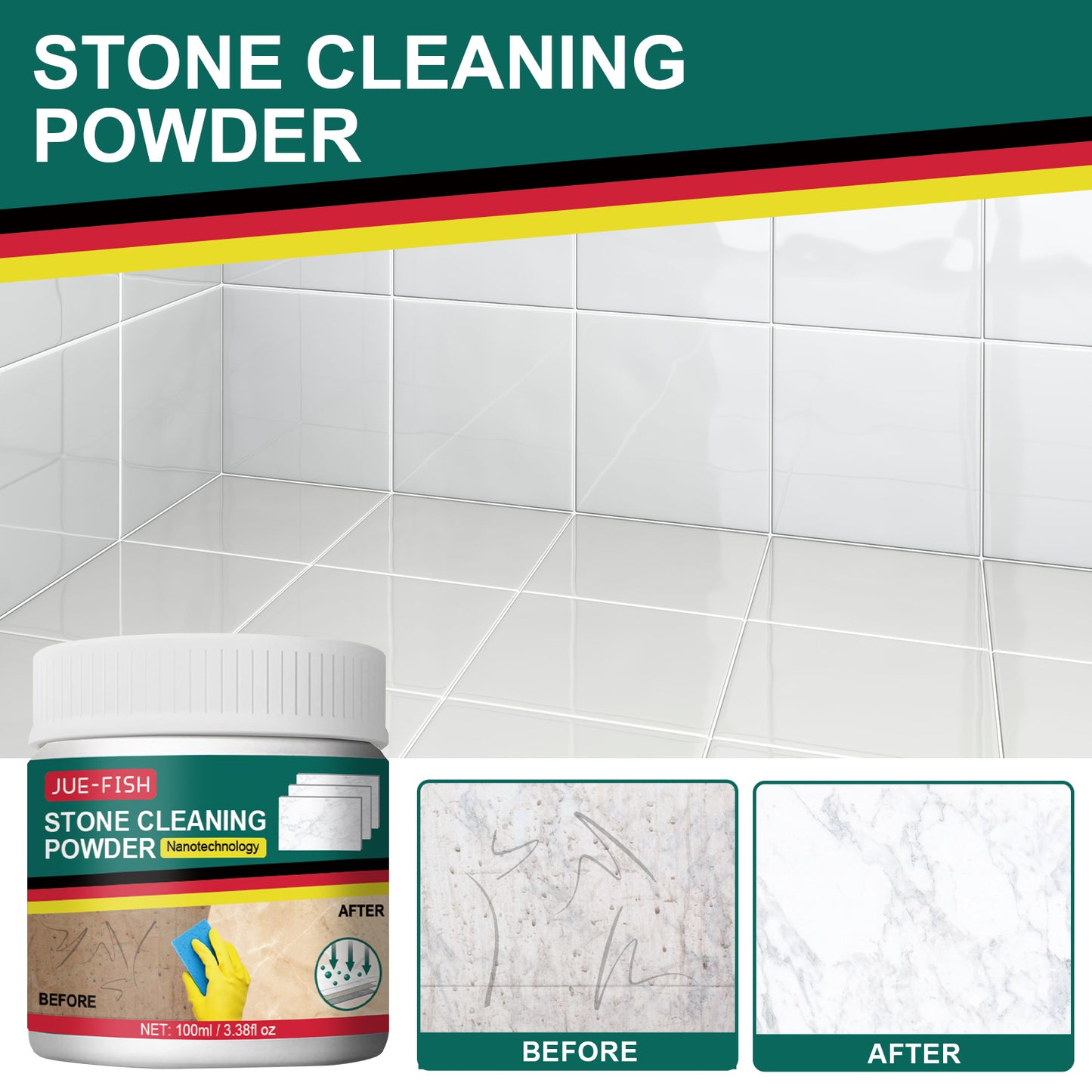 Jue-Fish stone cleaning powder, kitchen quartz stone countertop, marble tile cleaning, strong decontamination and polishing