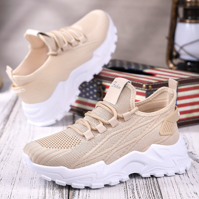 Women's spring collection: plus size athletic sneakers - flyknit, soft sole, height increasing, low-cut lace-up mesh shoes