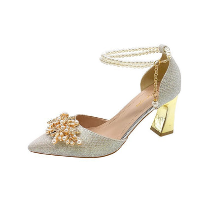 2026 autumn new sequined wedding shoes women's thin heels shallow mouth hollow single shoes pearl buckle high heels banquet