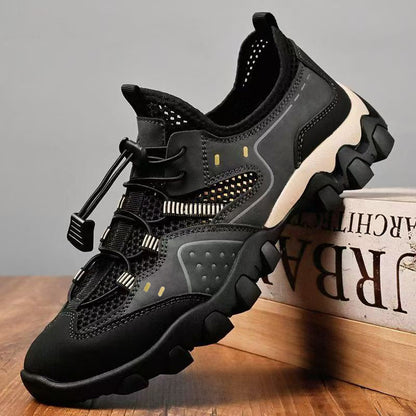 Mesh men's summer outdoor hiking shoes, breathable hollow-out sneakers, non-slip slip-on casual shoes for men - cross-border