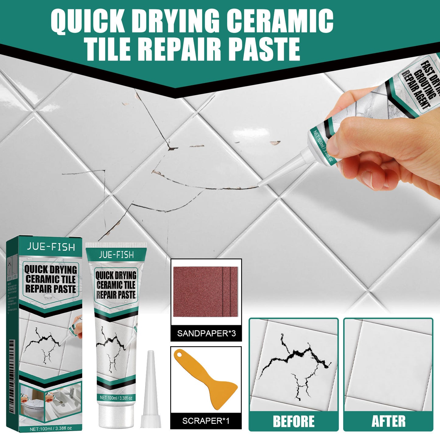 Jue-Fish Tile Repair Cream, Marble Bathtub Furniture Toilet Crack Repair Tile Quick-Drying Adhesive