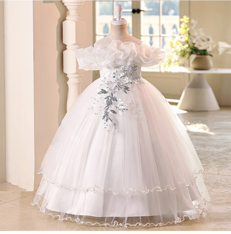Children's one-shoulder tulle princess dress - perfect for weddings, banquets, piano recitals, and parties