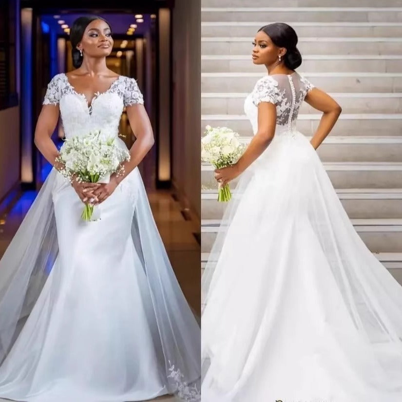 European and american train wedding dress bridal wedding mermaid waist wedding dress high-end outdoor church wedding dress