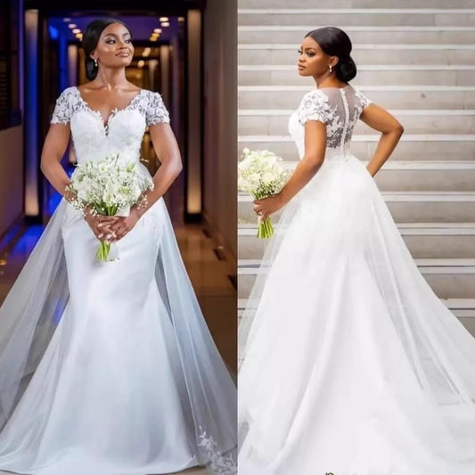 European and american train wedding dress bridal wedding mermaid waist wedding dress high-end outdoor church wedding dress
