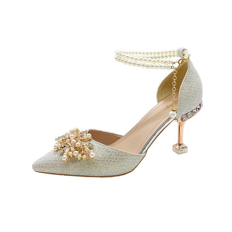 2026 autumn new sequined wedding shoes women's thin heels shallow mouth hollow single shoes pearl buckle high heels banquet