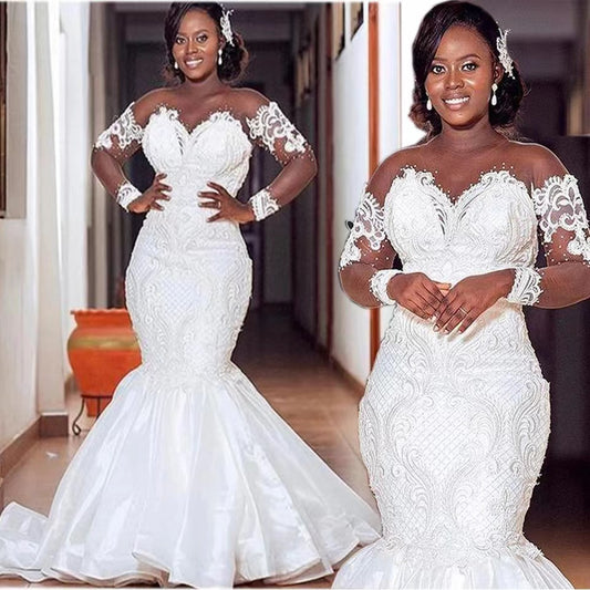 New african slim-fit mermaid wedding dress - nude mesh vintage lace bridal gown