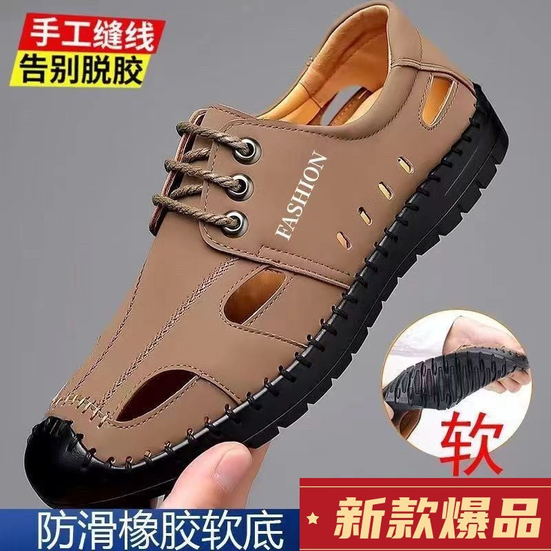 Men's summer sandals: soft sole, soft upper, beach shoes, casual breathable driving shoes, anti-slip leather round toe shoes for men (cross-border)