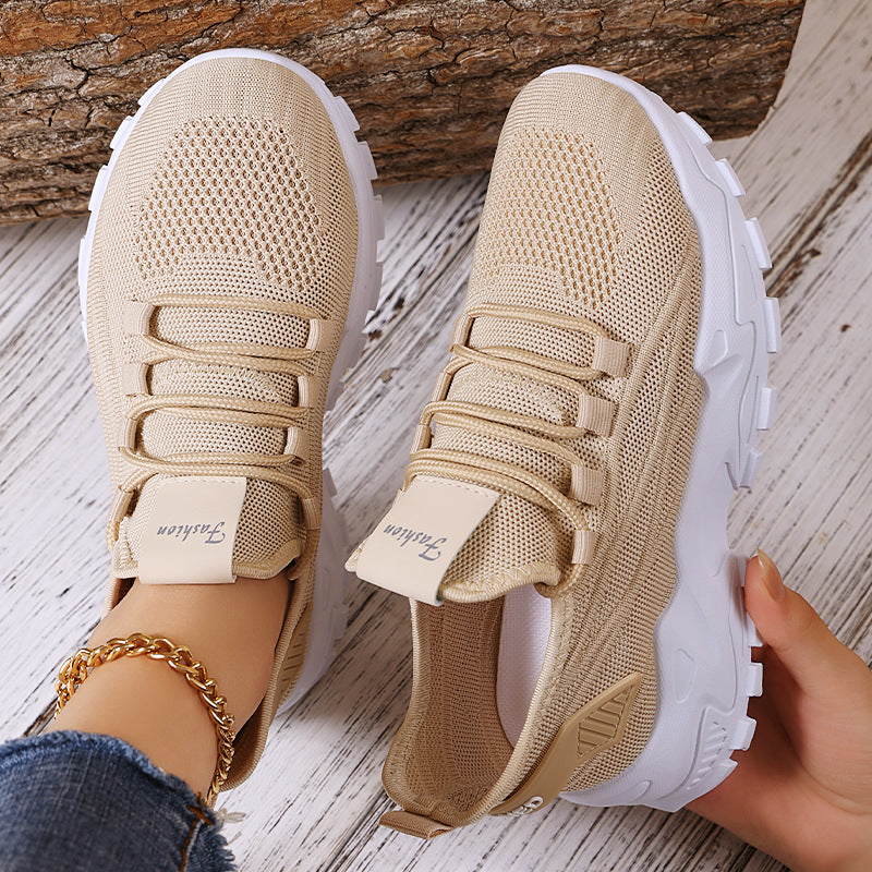 Women's spring collection: plus size athletic sneakers - flyknit, soft sole, height increasing, low-cut lace-up mesh shoes
