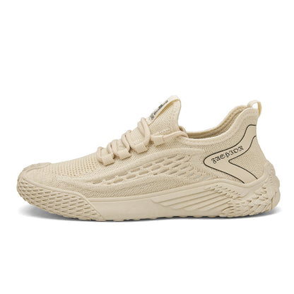 Soft-soled men's shoes, new for spring/summer 2025. flyknit mesh sneakers, breathable running and casual athletic shoes. lightweight knitted trendy footwear