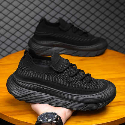 Men's summer breathable mesh flyknit sneakers fashion thick sole height increasing casual shoes low-top closed-toe sock shoes trendy footwear