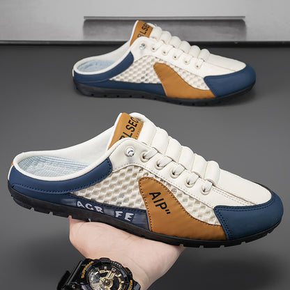 Hollow plus size shoes men's summer mesh half slippers men's one-leg outdoor lazy shoes breathable beanie men's shoes