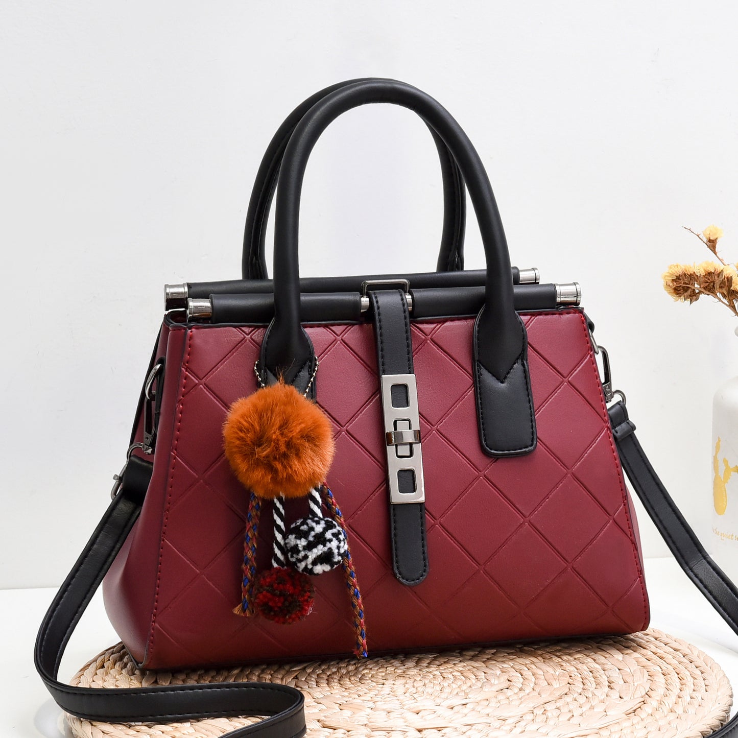 New cross-border trend 2026 fashionable fashiontrendysatchel bag fur ball decoration large capacity embossed cross-body women's bag