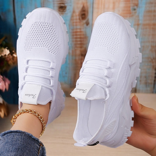 Women's spring collection: plus size athletic sneakers - flyknit, soft sole, height increasing, low-cut lace-up mesh shoes