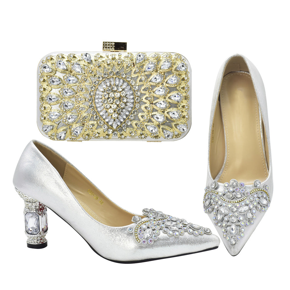 Diamond-encrusted thick-heeled sandals with dinner bag set Italian fashion design rhinestone evening bag set