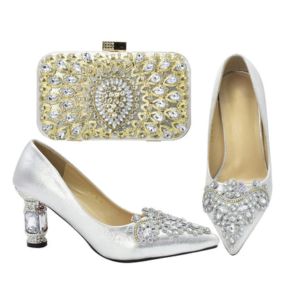 Diamond-encrusted thick-heeled sandals with dinner bag set Italian fashion design rhinestone evening bag set