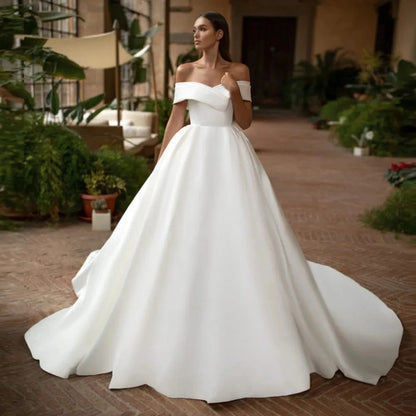 Bridal off-the-shoulder wedding dress - elegant bandeau satin slim-fit ball gown