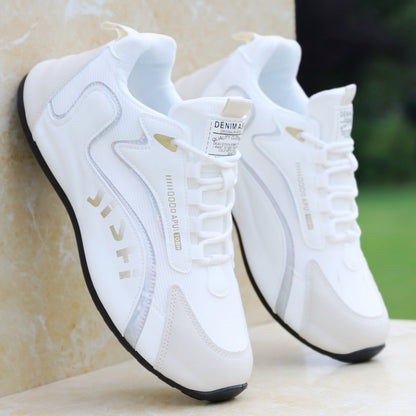 Cross-border men's leather waterproof sneakers, korean style trendy comfortable white shoes, hidden wedge soft sole casual shoes for men