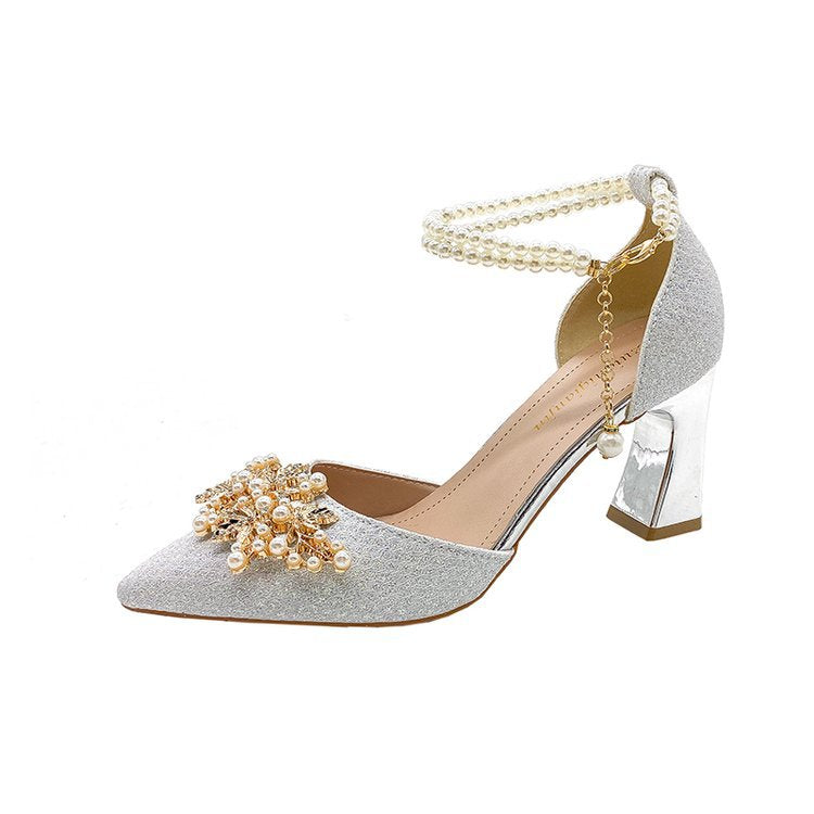 2026 autumn new sequined wedding shoes women's thin heels shallow mouth hollow single shoes pearl buckle high heels banquet