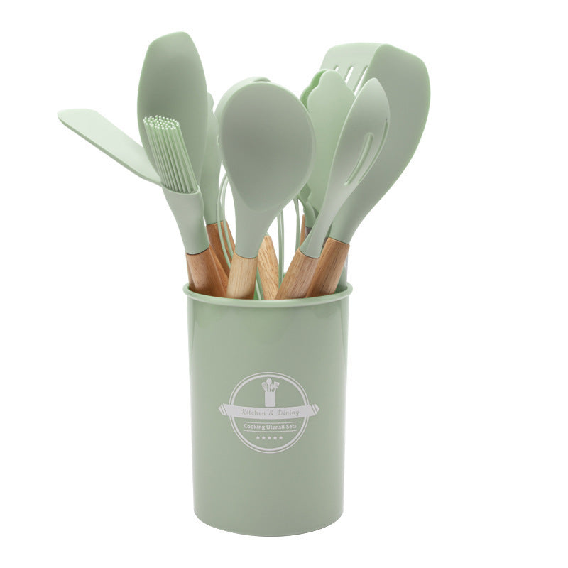 12-piece silicone cooking utensil set with wooden handles - non-stick pots, spatulas, spoons, and high-temperature resistant silicone kitchen tools