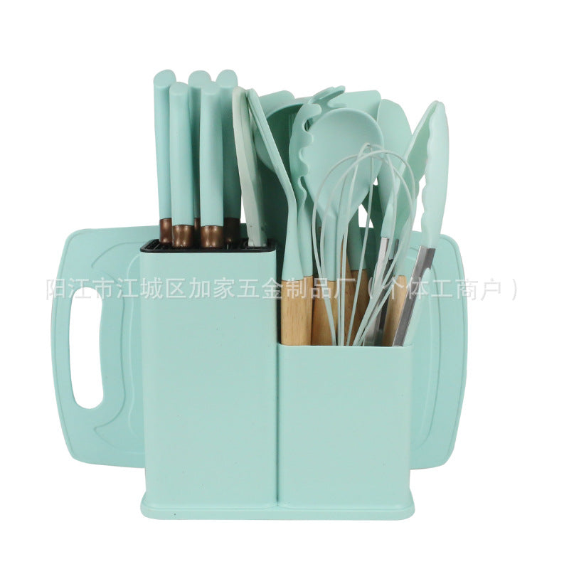 Silicone kitchenware 19-piece set, non-stick pan, silicone spatula, spoon, kitchen utensils, knife suit with storage bucket