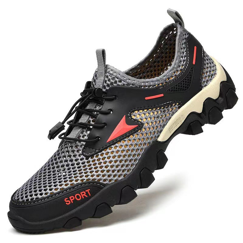 Mesh shoes for men 2025 soft bottom non-slip outdoor hiking shoes breathable elastic band one-legged hole shoes