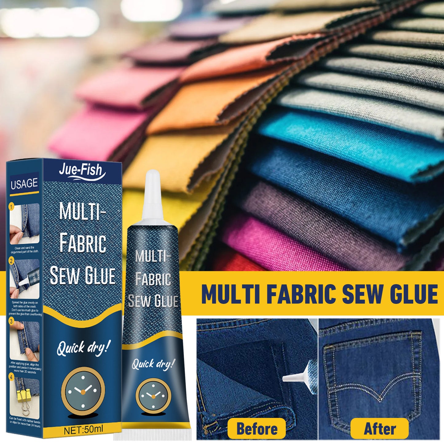 JUE-FISH Fabric sewing glue, special glue for clothes, printed pants, insoles, jeans, ripped fabric glue
