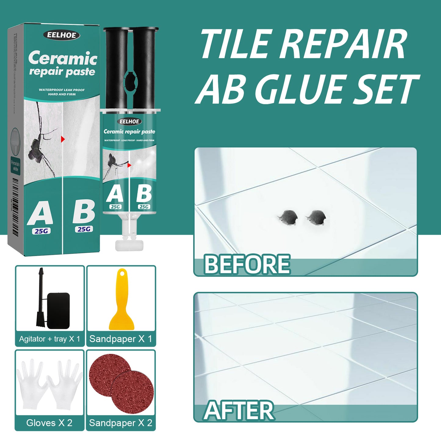 EELHOE tile repair AB glue set, metal tiles fill cracks, plug leaks, repair AB glue adhesive
