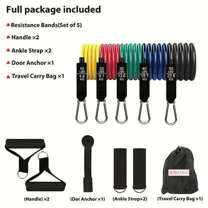 Cross-border exclusive 11-piece resistance band set, 150lb elastic rope fitness kit, indoor fitness multi-functional tensioner